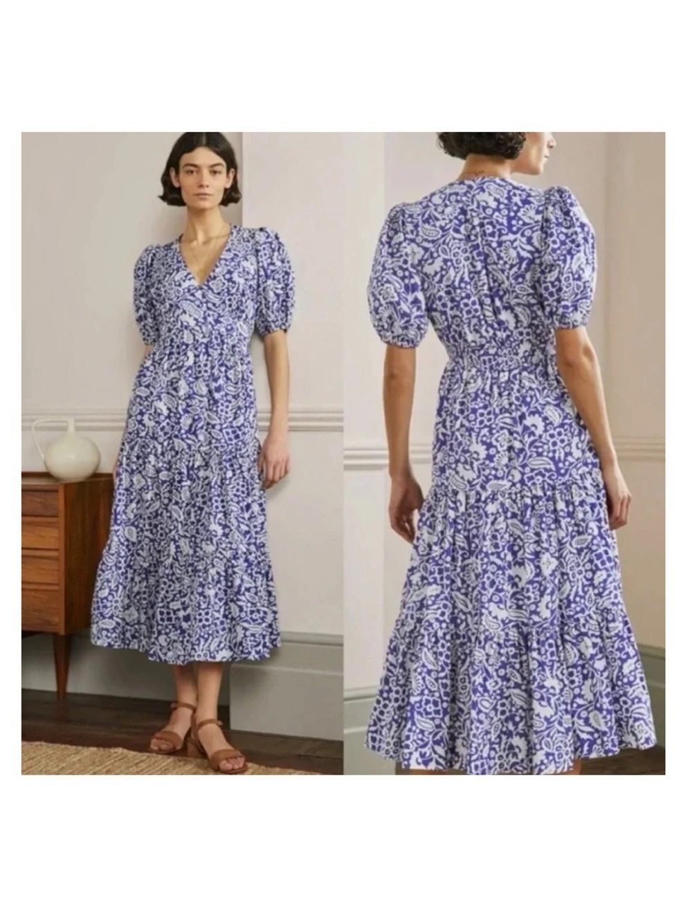 Boden Blue and White Floral Midi Dress - V-Neck Puff Sleeve, tiered midi skirt. - Picture 3 of 11